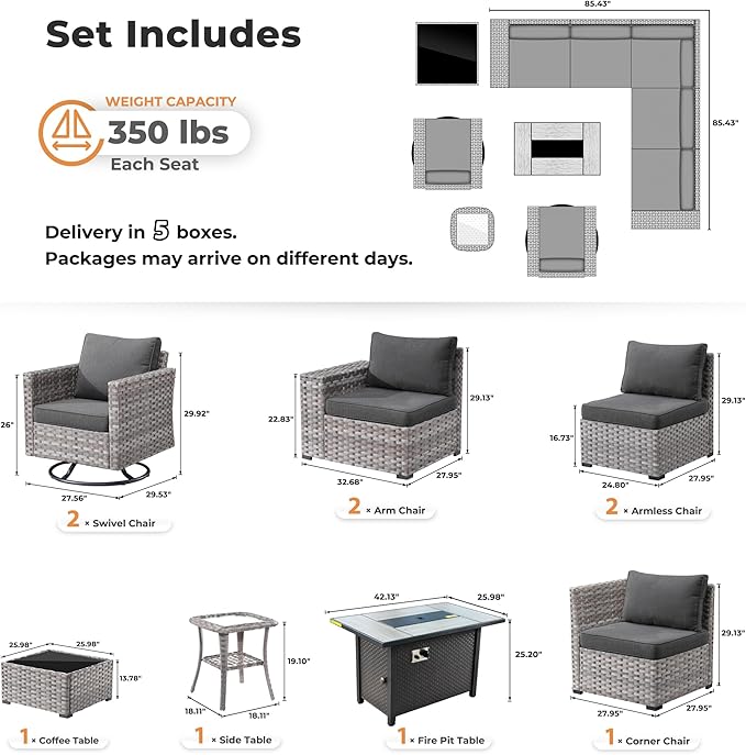 ovios 10 Pieces Patio Furniture Set, Outdoor Wicker Sectional Sofa with 42" Fire Pit Table Swivel Chairs, Modern Modular Deep Seat Rattan Couch Conversation Sets, Black