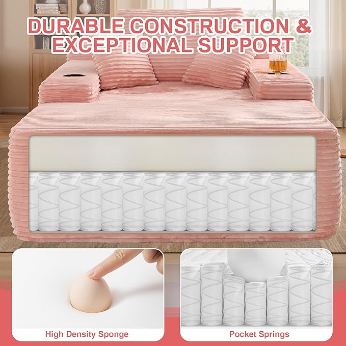 Chaise Lounge Chair Indoor, 67" Oversized Comfy Plush Fur Sleeper Sofa Bed with Cup Holders and Wide Armrests, Boneless Upholstered Recliner Bed, Modern Cloud Couch for Living Room, Pink