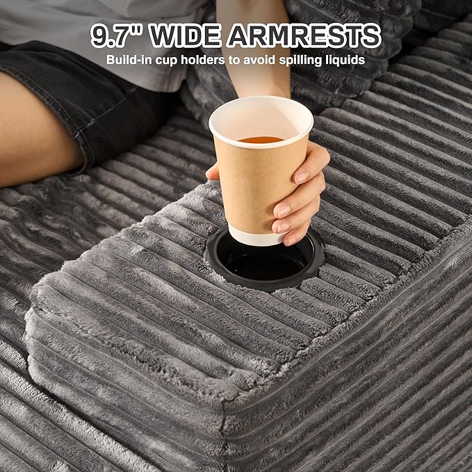 Chaise Lounge Chair Indoor, 67" Oversized Comfy Plush Fur Sleeper Sofa Bed with Cup Holders and Wide Armrests, Boneless Upholstered Recliner Bed, Modern Cloud Couch for Living Room, Grey