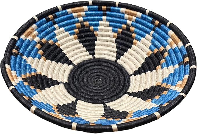 Handwoven African Basket Handmade sisal Fruit Bowl Wall Hanging decorative Baskets for Home Living Room Kitchen Centerpiece Zen Designs Arts and Crafts (Blue Black, 8in diameter)