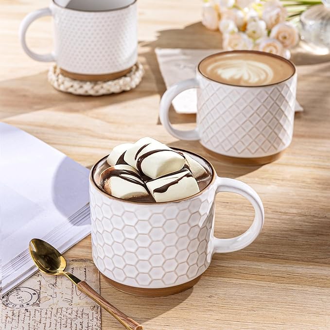 GBHOME 12OZ Stackable Coffee Mugs, Ceramic Coffee Mugs with Texture Patterns for Man,Woman,Dad,Mom, Modern Coffee Mugs Set of 4 for Latte/Cappuccino/Cocoa. Dishwasher&Microwave Safe, Off White