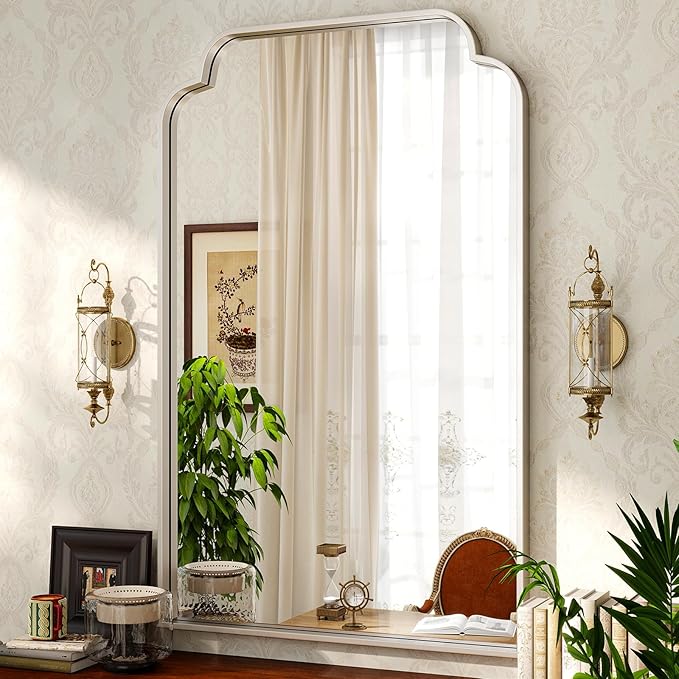 30" x 48" Silver Arch Bathroom Mirror, Wall Mounted Vanity Mirror with Metal Frame, Modern Decorative Scalloped Wall Mirror for Sink, Bedroom, Living Room, Entry, Farmhouse Home