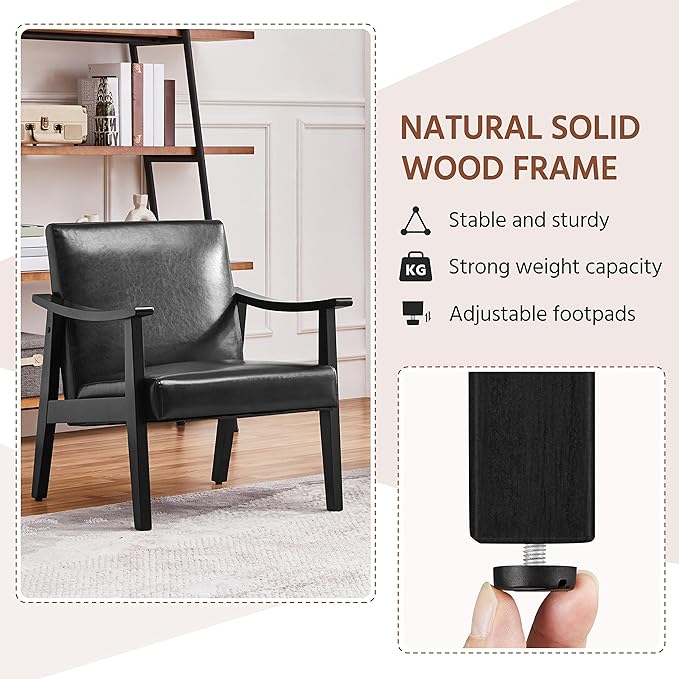 Yaheetech PU Leather Accent Chair, Mid-Century Modern Armchair with Solid Wood Legs, Reading Leisure Chair with High Back for Living Room Bedroom Waiting Room, 2 Pieces, Black