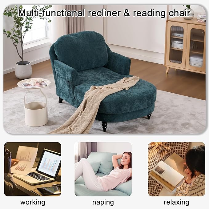 Chaise Lounge Chair Indoor, 59.8" Oversized Couch Reading Chairs, Chenille Comfortable Deep Sleeping Single Sofa, Upholstered Modern Couch Sofa Bed for Living Room, Bedroom & Apartment (Blue)
