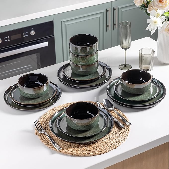 LeRatio Ceramic Dinnerware Sets,12-Piece Plates and Bowls,Handmade Reactive Glaze Dishes Set,Chip Resistant and Scratch Resistant | Oven Dishwasher & Microwave Safe,Service for 4-Green