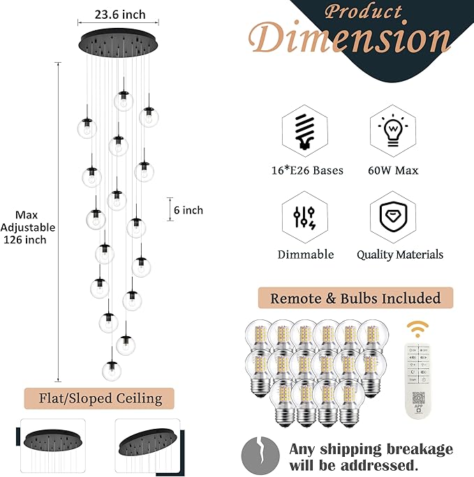 KoKo&Yukina 16-Light Black Mid Century Modern Chandelier for Living Room Staircase Chandelier for Entryway Clear Globe Glass Chandelier High Ceiling Chandeliers Foyer Entryway (Bulb & Remote Incl.)