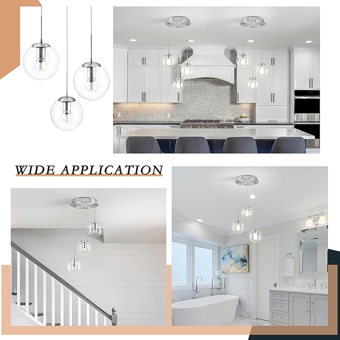 KoKo&Yukina 3-Light Globe Glass Pendant Light Modern Nickel Clear Globe Glass Chandelier Adjustable Length Pendant Lights Fixtures High Ceiling Light for Kitchen Island Foyer (Bulb & Remote Incl.)