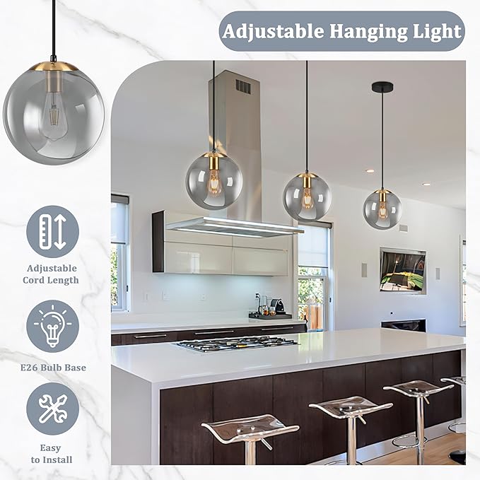 KoKo&Yukina 10 Inch Pendant Light Glod Globe Pendant Lights Kitchen Island Mid Century Light Fixture Adjustable Globe Cluster Lights with Grey Glass Shade for Dining Room Living Room