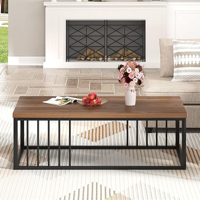 FOLUBAN Coffee Table for Living Room, Modern Wood and Metal Center Table Tea Table for Home Office, Rustic Walnut, 43.3 Inch