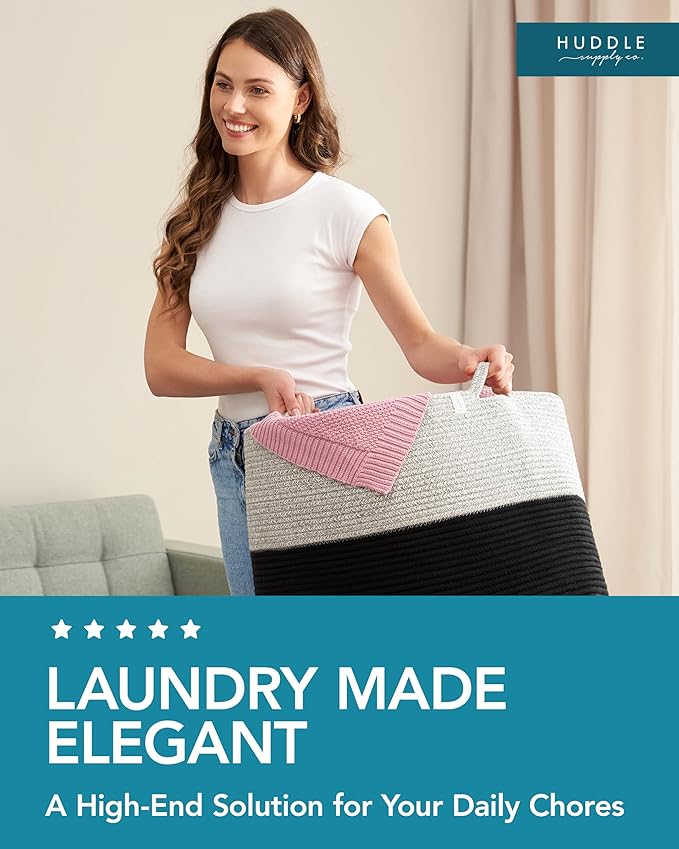 XXXXL WASHABLE 125L Extra Large Durable Soft Blanket Basket, Woven Decorative Cotton Rope Basket with Handles for Laundry, Living Room, Baby Toy Nursery Storage Organization Bin 24" x 17" (Black/Grey)