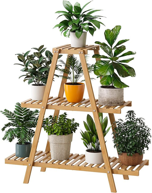 Bamboo Plant Stand - Indoor/Outdoor 3 Tier Plant Ladder, 8 Potted Flower Holder, Natural