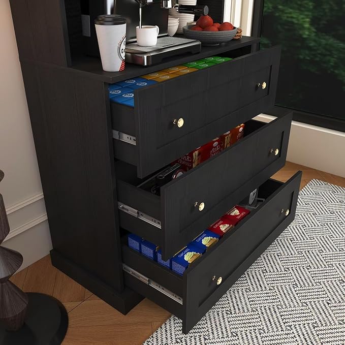 Vyre 71" Farmhouse Pantry Cabinet Set of 3, Black Freestanding Coffee Bar with Glass Doors, Drawers & Adjustable Shelves, Large Storage Hutch with Microwave Stand for Kitchen & Living Room