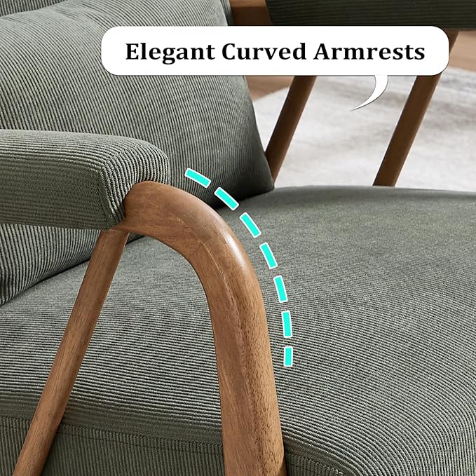 ANJ Mid Century Modern Accent Chair，Living Room Chairs with Wood Frame &Lumbar Pillow, Upholstered Reading Armchair for Bedroom