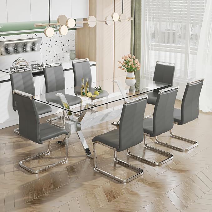 9 Piece Glass Dining Table Set, Kitchen Table Chairs Set for 8, 71'' Dining Table with 0.4" Tempered Glass Tabletop with Plated Metal Legs and MDF Crossbar, 8 PU Chairs for Dining Room, Kitchen.