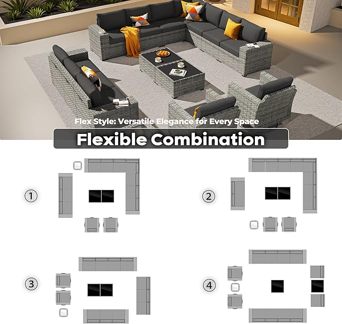 ovios 15 Pieces Patio Furniture Set, Outdoor Wicker Sectional Sofa with Swivel Chairs Coffee Table, Modern Modular Deep Seat Rattan Couch Conversation Sets, Black