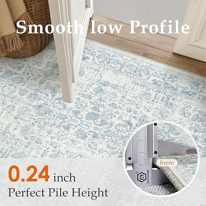 Blue Runner Rug 2x6 Hallway Machine Washable Kitchen Vintage Distressed Non Slip Long Carpet Indoor Retro Floral Bedroom Accent Throw Rug for Bathroom Office Laundry Dining Room