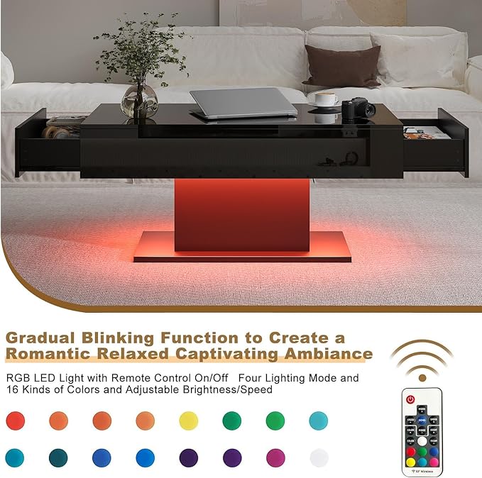Black Led Coffee Table with 2 Storage Drawers for Living Room, Living Room Table Rectangular Center Table, Modern High Glossy Wooden Coffee Tables with Lights for Dining Reception Room