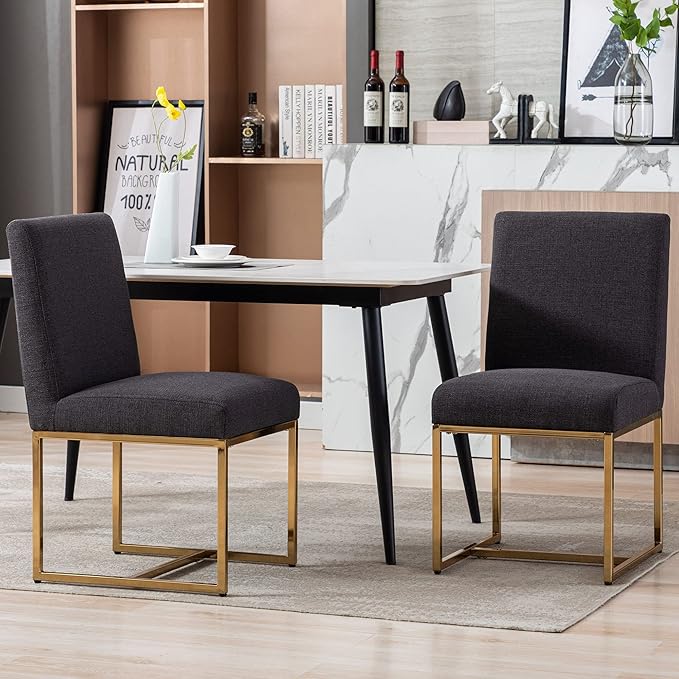 VESCASA Linen Upholstered Dining Chairs Set of 2, Mid Century Modern Padded Chair with Gold Metal Frame for Restaurant, Dining Room, Kitchen, Charcoal