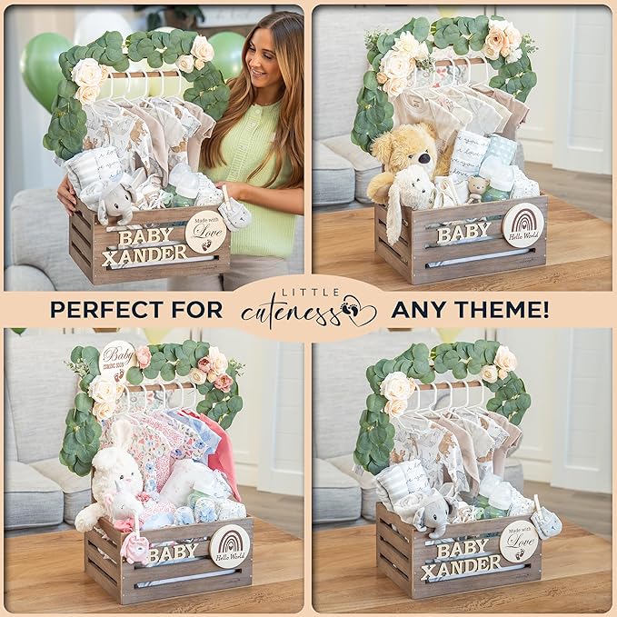 Wooden Baby Shower Crate Closet - Rustic Brown, Personalized Baby Gift Basket with Dual Rod System, Easy Assembly, 16"L x 11.8"W x 8"H