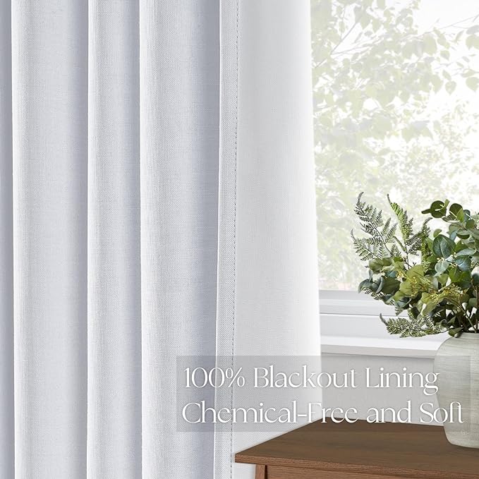 Topfinel White 105 Inches Long Custom Blackout Linen Curtains, Pinch Pleated Noise Cancelling Curtains with Pin Hooks for Traverse Rods, Viral Drapes 2 Panels for Living Room Master Bedroom