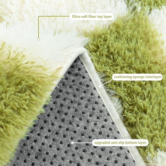 Checkered Rugs for Bedroom, Ultra Fluffy Fuzzy Shag Area Rug for Living Room 5x7, Modern Plush Soft Upgrade Non-Slip Carpet for Kids Girls and Boys Room Dorm Nursery Home Decor, Cream and Green
