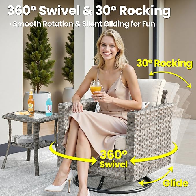 ovios 9 Pieces Patio Furniture Set, Outdoor Wicker Sectional Sofa with 42" Fire Pit Table Swivel Chair, Modern Modular Deep Seat Rattan Couch Conversation Sets, Beige