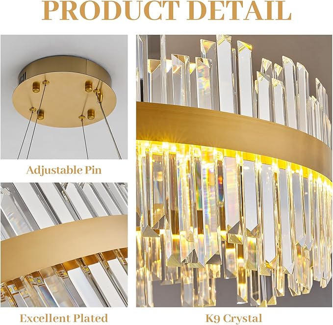 23.6" Dimmable Modern LED Crystal Chandeliers,Gold Chandelier Light Fixture, 3 Colors Contemporary Pendant Ceiling Light for Dining Room Living Room Kitchen Island Entryway Foyer ,With Remote Control