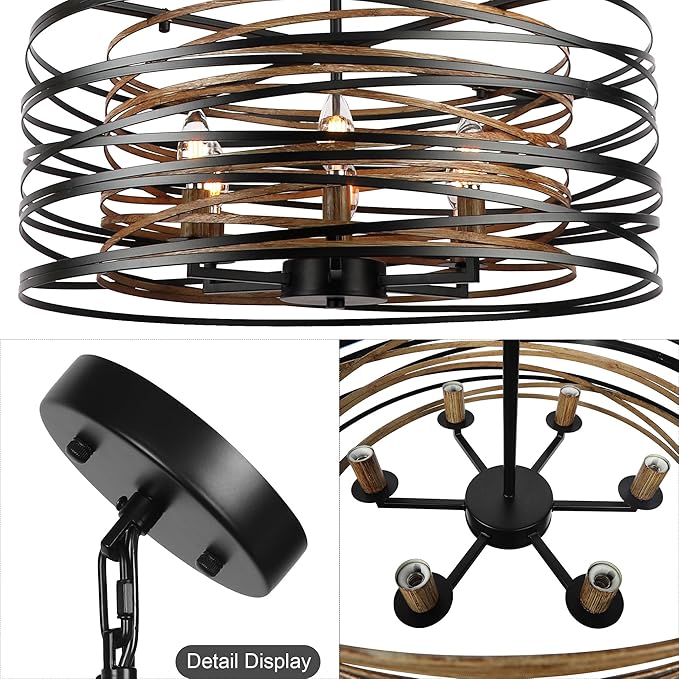 6-Light Dining Room Chandeliers Farmhouse，23.6" Large Black Farmhouse Chandelier，Wood Grain and Vintage Black Dining Room Light Fixture for Kitchen Entryway Living Room