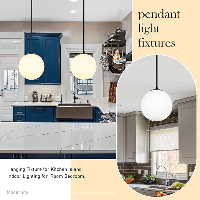 10 Inch Globe Pendant Light Contemporary Globe Pendant Lights Black Mid Century Pendant Light Adjustable Hanging Light Fixture Matte Black Finished with Milk Glass Lampshade for Kitchen Island