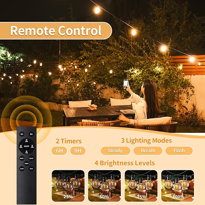 100ft String Lights with Remote, 50+2 LED Bulbs Dimmable Patio Lights Outdoor, 24V Waterproof Plug, G40 Hanging Light for Outside Deck Garden Backyard Porch Party Decor