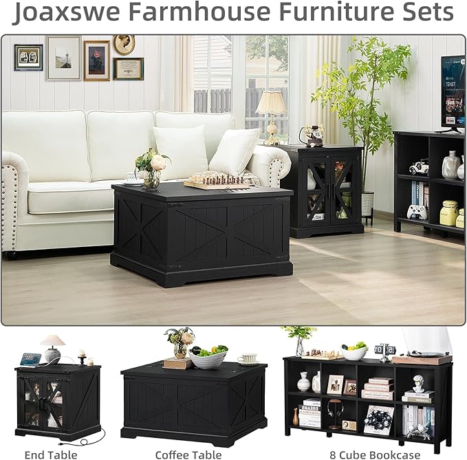 Farmhouse Coffee Table with Large Hidden Storage Compartment, Rustic Black Square Center Table, Wood Low Farm House Modern Living Room Tables with Hinged Lift Top & Wooden Arc Base