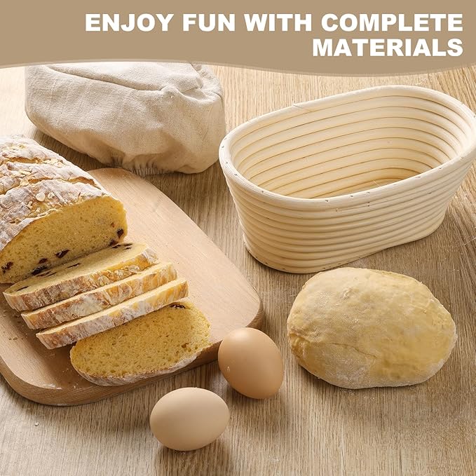 Banneton Bread Proofing Basket - Banneton Basket Set of 4 Pack 8 inch Oval Sourdough Proofing Basket with Liner - Handmade Rattan Proofing Rising Bowl for Artisan Bread Making Baking Supplies