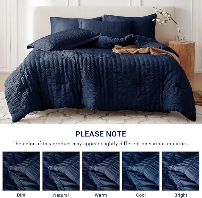 MUXHOMO 7 Pieces King Comforter Set, Seersucker Bed in a Bag King Size, All Season Luxury Bedding Set with Comforter, Flat Sheet, Fitted Sheet, Pillowcases & Shams, Navy Blue