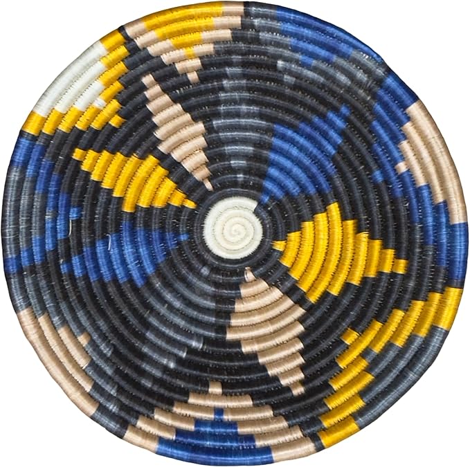 Handwoven African Basket Handmade sisal Fruit Bowl Wall Hanging decorative Baskets for Home Living Room Kitchen Centerpiece Zen Designs Arts and Crafts (Yellow Charcoal Grey Blue, 10in diameter)
