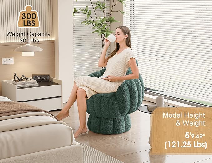 Mid Century Modern 360 Degree Barrel Swivel Accent Sofa Chair,Fluffy Sherpa Fabric Lounge Wide Upholstered Pumpkin Reading Chair, Round Cloud Armchair for Living Room,Bedroom,Vanity(Green)