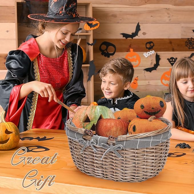 G GOOD GAIN Oval Picnic Basket with Folding Handles, Willow Hand Woven Shopping Basket, Bath Toy Kids Toy Storage Gift Packing Basket, Wicker Empty Easter Eggs and Candy Small Gift Basket.GreyCheck