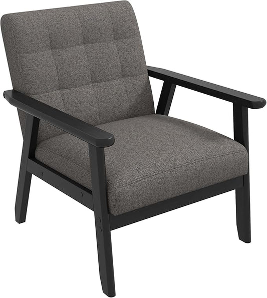 Westice Accent Chair 1PC, Mid-Century Modern Living Room Chairs with Solid Wood Frame & Soft Thicken Cushion, Upholstered Arm Reading Chair for Bedroom, Balcony, Grey Linen Fabric & Black Legs