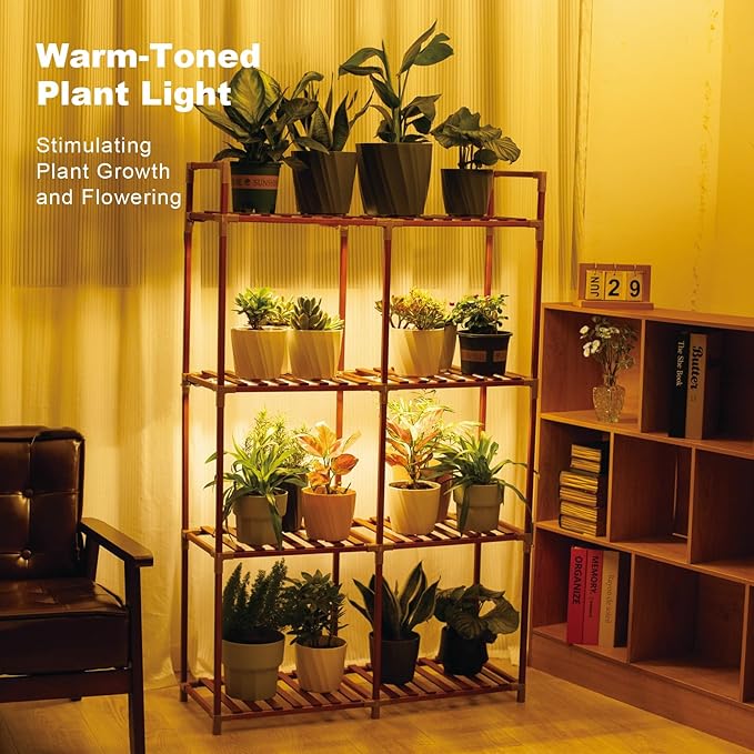 4-Tier Wooden Plant Stand with LED Grow Lights - Adjustable Shelf for Indoor Plants, Living Room, Balcony - Dimmable & Space-Saving (Plants Not Included)
