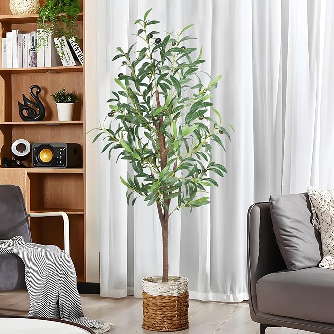 4FT Artificial Olive Tree, Faux Olive Trees 48in Outdoor Fake Potted Silk Plant with Trunk and Realistic 436 Leaves and 16 Fruits for Modern Office Home Decor Indoor 2Pack