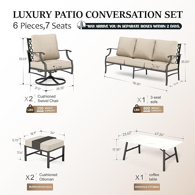 HERA'S HOUSE 6 Piece Patio Furniture Set, 2 x Swivel Cushioned Chair, 2 x Cushioned Ottoman, 1 x 3-Seat Sofa with Marbling Coffee Table, Outdoor Conversation Set for Lawn Garden Backyard