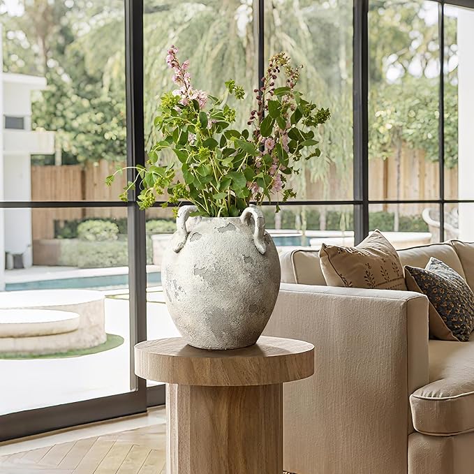 LuxenHome Rustic Ceramic Vase,11'' Gray and White Round Vase,Terracotta Large Flower Vases with Handles for Living Room Home Decor,Vintage Pottery Tall Vases Home Décor Accents