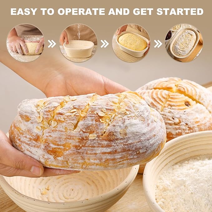 Banneton Bread Proofing Basket - Banneton Basket Set of 4 Pack 10 inch Oval Sourdough Proofing Basket with Liner - Handmade Rattan Proofing Rising Bowl for Artisan Bread Making Baking Supplies