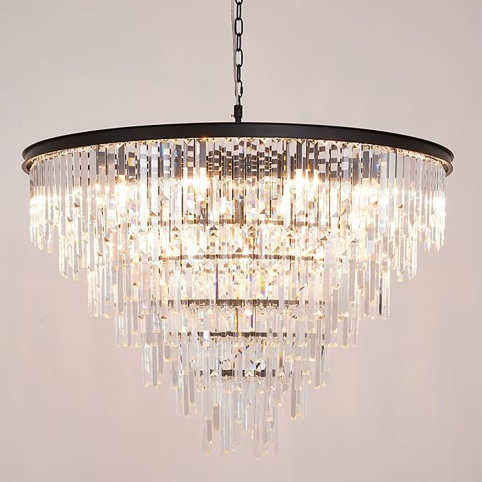 39'' Modern Crystal Chandelier, Black Round Ceiling Light with Clear Prisms, Luxury Flush Mount Lighting Fixture for Dining Room Bedroom Foyer