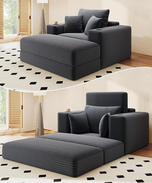 62" Oversized Chaise Lounge Chair Indoor, Corduroy Boneless Chaise Lounge Couch Sleeper Chair, Convertible Oversized Reading Chairs, Plush Compression Sofa with Ottoman, Dark Grey