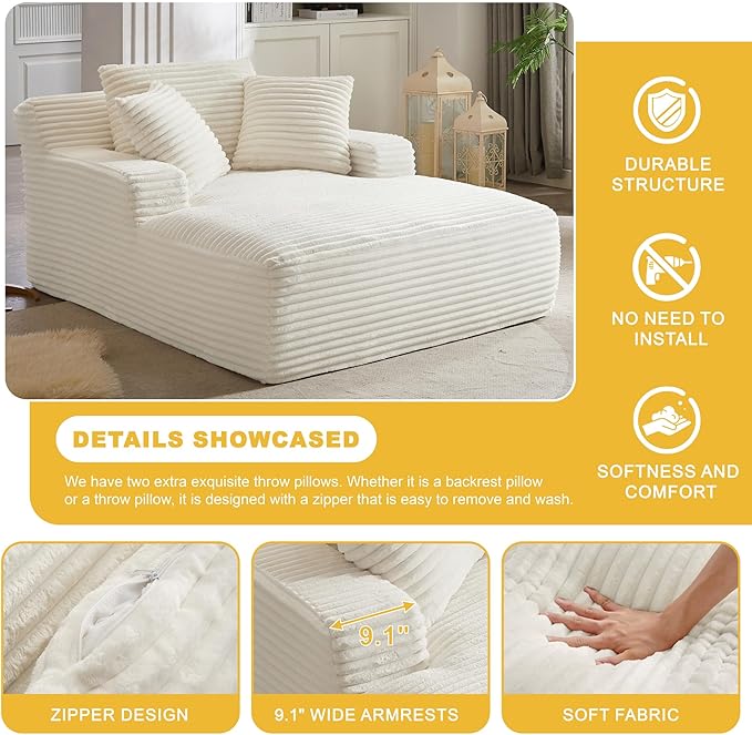 Boneless Couch Sofa Chiar Chaise Lounge Chair Indoor Upholstered Corduroy Couch Cloud Sleeper Sofa Oversized Reading Chair for Living Room No Assembly Required (White, 50" W x 80" D)