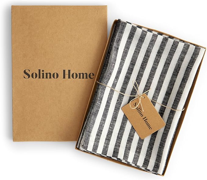 Solino Home Linen Napkins Set of 4-100% Pure Linen Amalfi Stripe Black and White Cloth Dinner Napkins 20 x 20 Inch for Fall, Autumn, Halloween, Thanksgiving - Handcrafted and Machine Washable