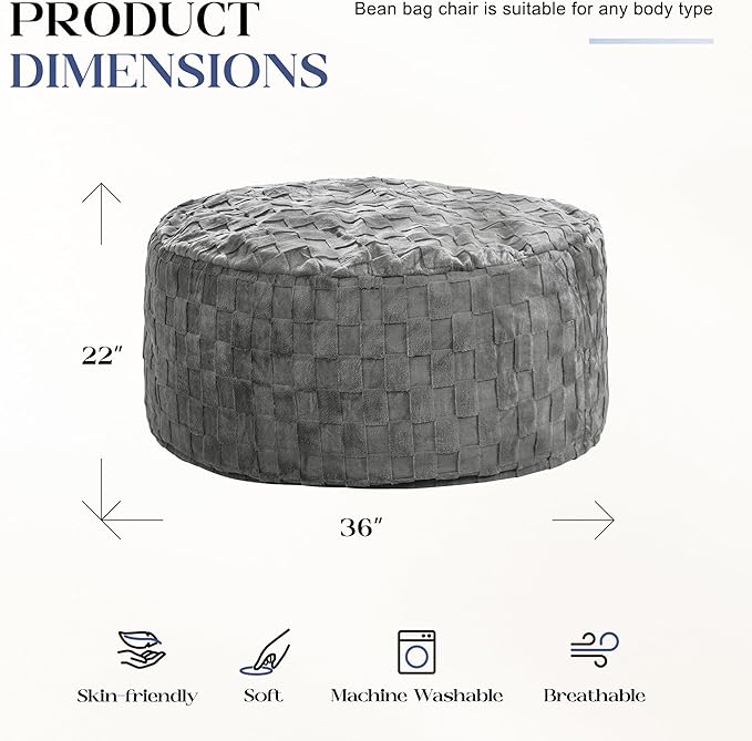 Hobestluk Bean Bag Chairs Beanbag Chair with Filler Adult Bean Bags with Fluffy Plaid Cover, Giant Bean Bag Chairs for Adults for Living Room, Bedroom (Grey, 3FT - 36” x 36” x 22”)