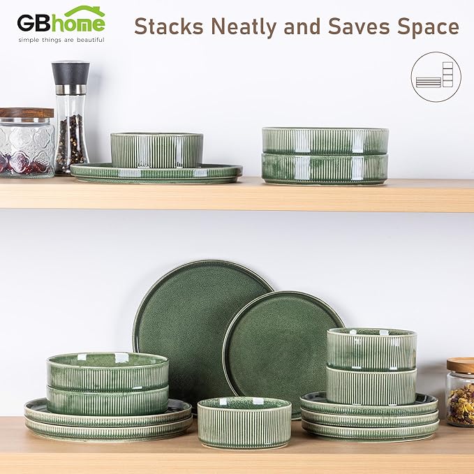 GBHOME Stoneware Dinnerware Sets for 8,Round Reactive Glaze Ceramic Plates and Bowls Set,Highly Scratch Resistant | Dishwasher & Microwave Safe Dishes Set,Service for 8(24Pcs)