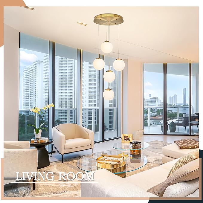 KoKo&Yukina 5-Light Globe Glass Pendant Light Adjustable Length Pendant Lights Fixtures Modern Gold Chandelier with Milky White Glass Ceiling Lights for Foyer Hallway Bedroom (Bulb & Remote Incl.)