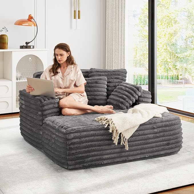 56"W Oversized Chaise Lounge Chair Indoor,Plush Faux Fur Sleeper Sofa Couch Bed with Pillows&Wide Armrest,Fluffy Comfy Cloud Sofa,Compression Foam Boneless Couch for Living Room,Bedroom(Grey)